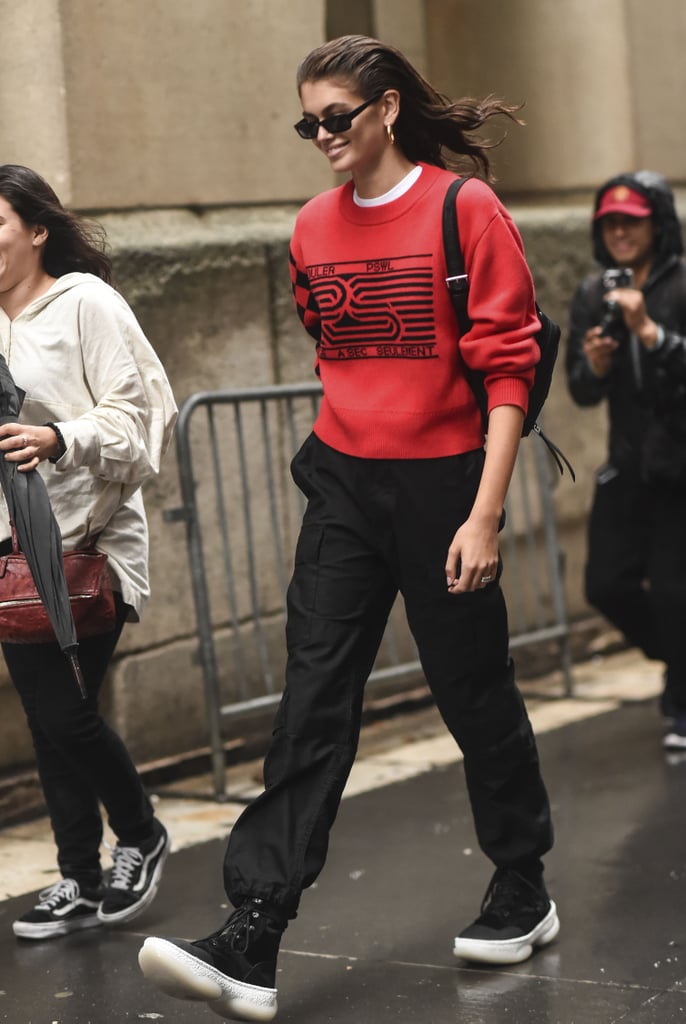 Kaia Gerber Was Spotted Leaving the Proenza Schouler Show in a Red Sweatshirt From the Brand