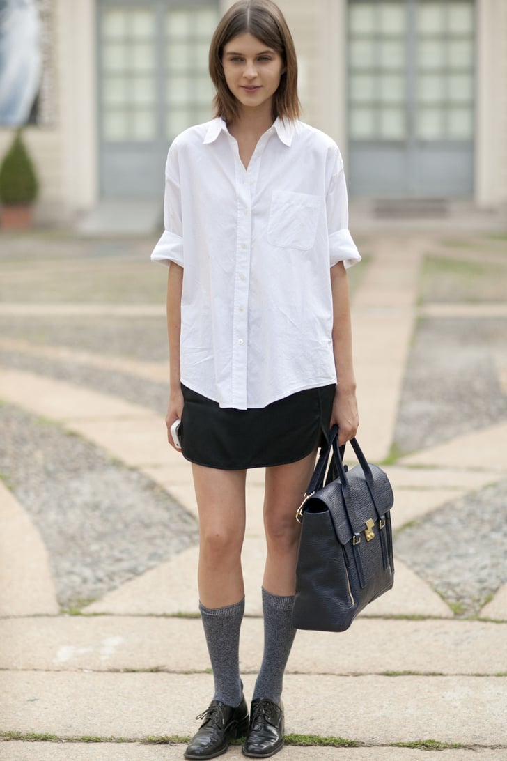 Subvert the schoolgirl look with a white blouse, plain black skirt ...