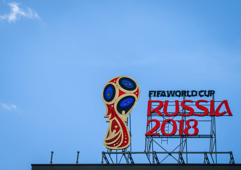 A picture taken on June 6, 2018 shows the 2018 FIFA World Cup logo on top of a building in Moscow. (Photo by Mladen ANTONOV / AFP)        (Photo credit should read MLADEN ANTONOV/AFP/Getty Images)