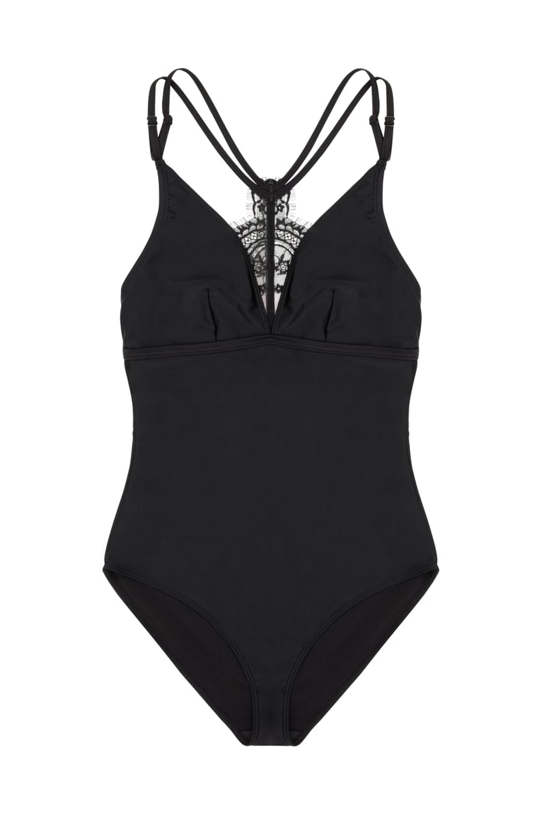 Hunter McGrady Plus Size/Curve White High Neck Black Lace Panel Swimsuit