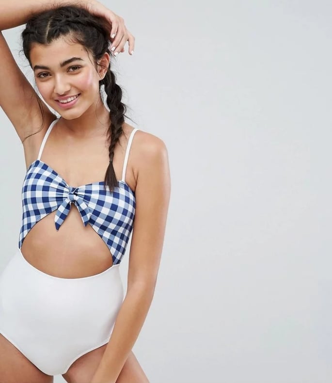 Monki Gingham Bow Front Swimsuit
