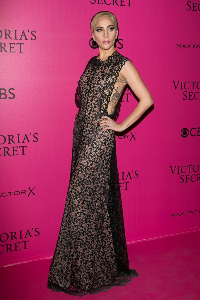 At the 2016 Victoria's Secret Fashion Show, Lady Gaga showed off some skin in a black lace Azzedine Alaïa dress.