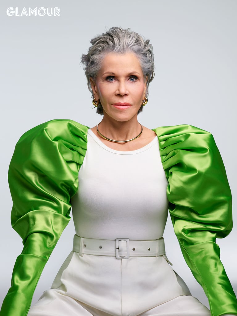 Jane Fonda in a Vince top with Paumé sleeves, CO pants, a Pomellato necklace, and Tabayer earrings and ring.