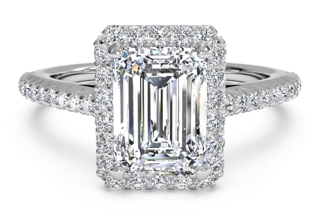 Ritani Emerald Cut French-Set Halo Diamond Band Engagement Ring