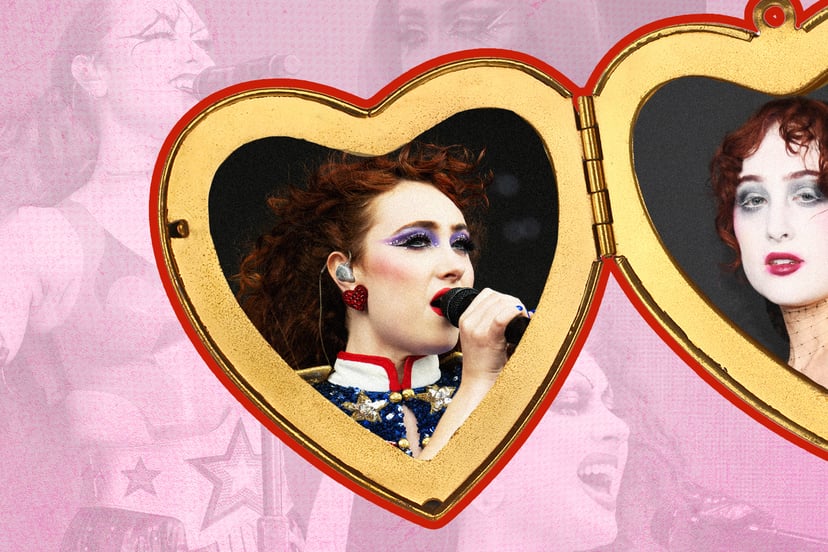 Chappell Roan, the queer pop phenomenon, sings to an audience wearing sparkly eye makeup and and red heart earrings.