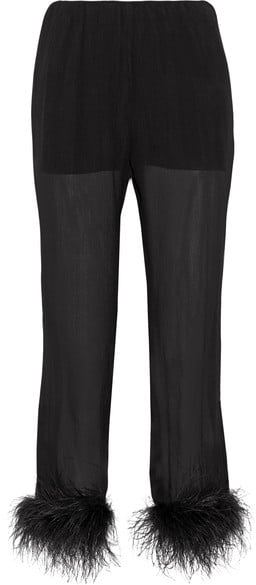 Prada Feather-trimmed Silk-georgette Straight-leg Pants - Black