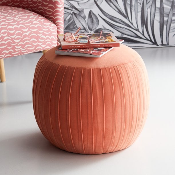 Velvet Pleated Round Pouf Ottoman