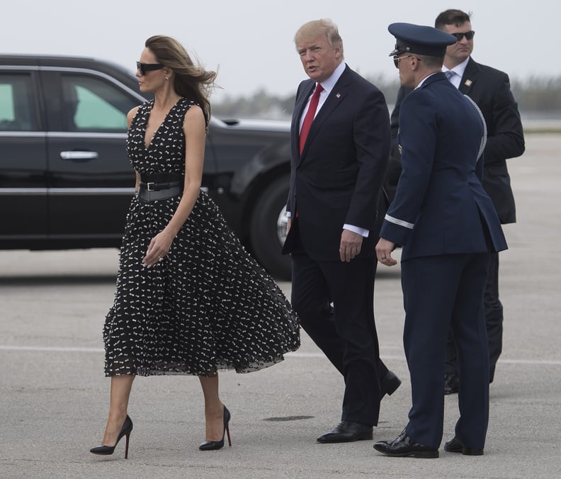 Melania Trump Arrived in Palm Beach, FL in a Dress With Printed Bows