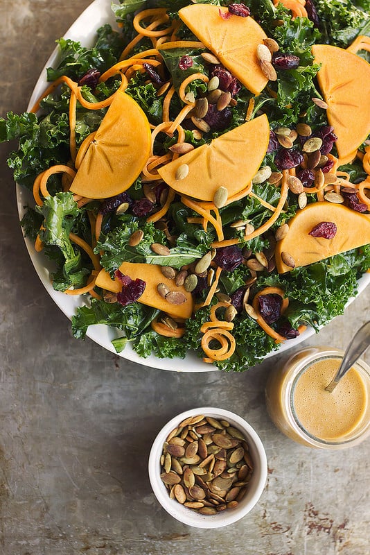 Massaged Kale Salad With Sweet Potato Noodles, Persimmon, and a Smoky Orange Vinaigrette