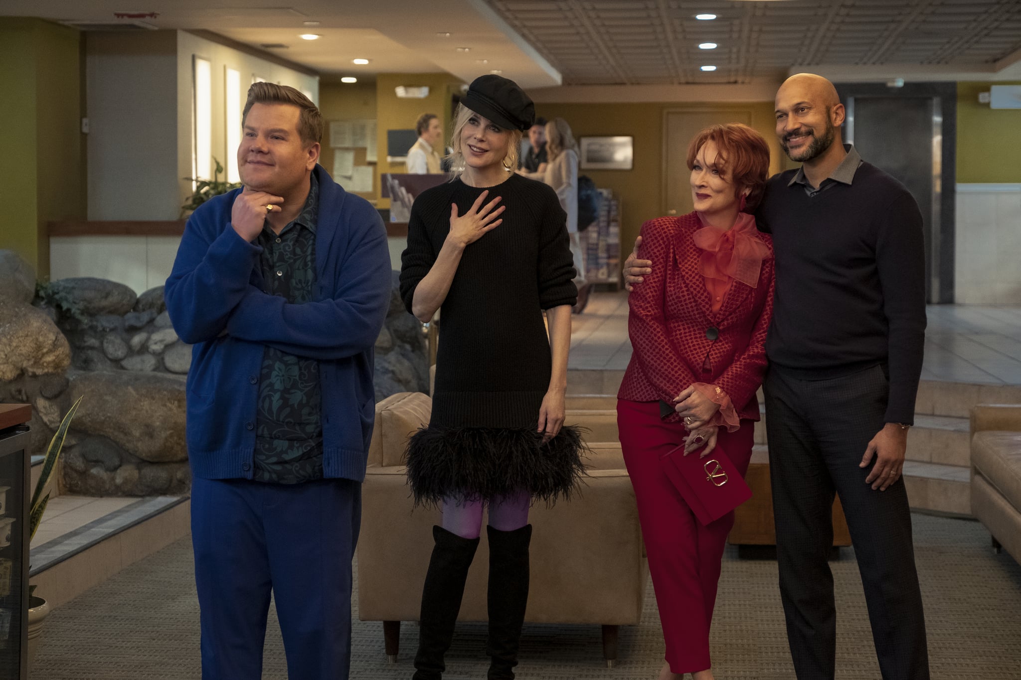 THE PROM (L to R) JAMES CORDEN as BARRY GLICKMAN, NICOLE KIDMAN as ANGIE DICKINSON, MERYL STREEP as DEE DEE ALLEN, KEEGAN-MICHAEL KEY as MR. HAWKINS in THE PROM. Cr. MELINDA SUE GORDON/NETFLIX  2020