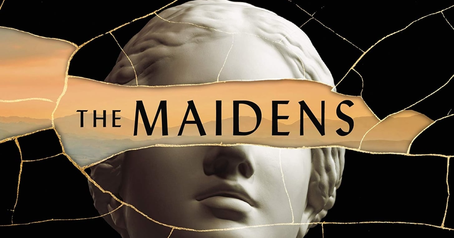 A book review visual featuring The Maidens by Alex Michaelides