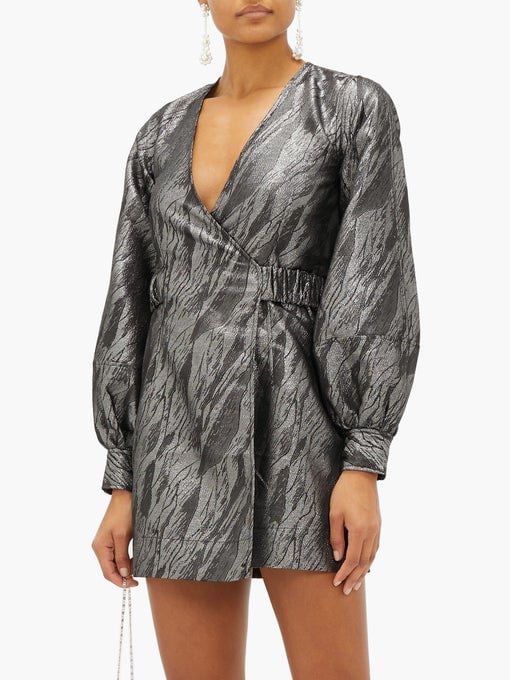 Ganni Balloon-Sleeve Metallic Jacquard Wrap Dress
