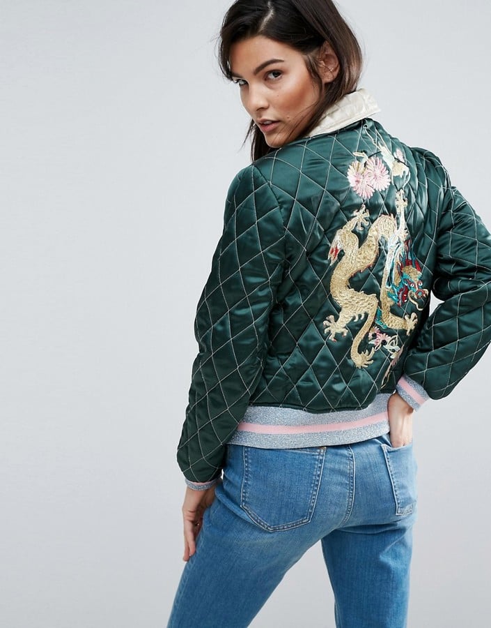 Quilted Bomber Jacket With Dragon Embroidery
