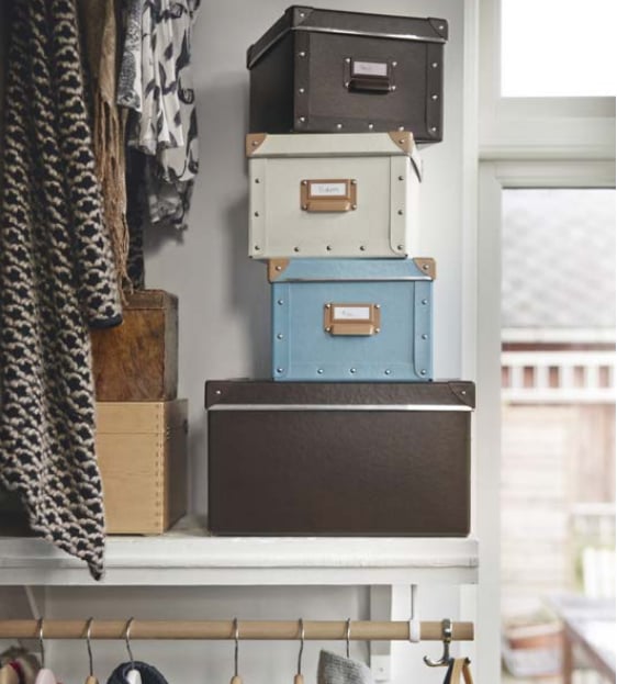 The Fjälla boxes ($4-$11 each) and magazine files ($5 for a set of 2) give your storage closet panache. They feature thoughtful details like metal handles and corner brackets and are made from recycled paper.