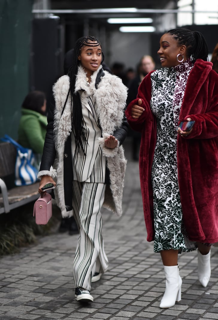 Winter Outfit Idea: A Furry Jacket and Printed Midi Dress | The Best ...