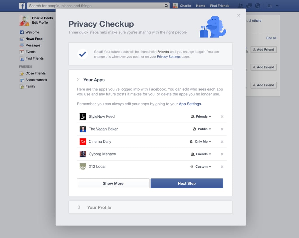 The second step is all about the apps you've logged into with Facebook. You can change who sees each app you use and post from, as well as delete apps you no longer use.