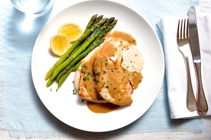 Chicken With Creamy Marsala Sauce, White Bean Puree, and Asparagus