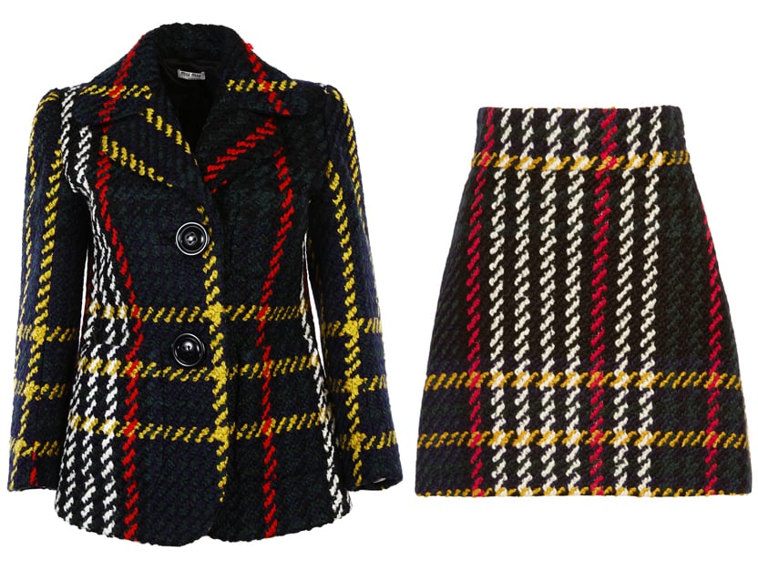 Miu Miu格子仿羔皮呢夹克(1476美元)和格子羊毛超短裙(960美元)