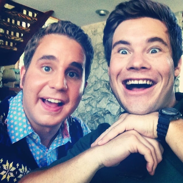 Treblemaker Platt and former Treblemaker Adam DeVine made silly faces on the set.