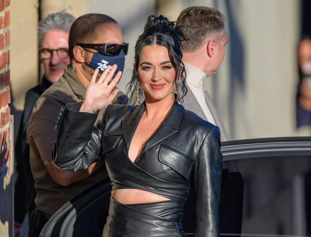 Katy Perry Wears Cropped Leather Wrap Blazer and Pants
