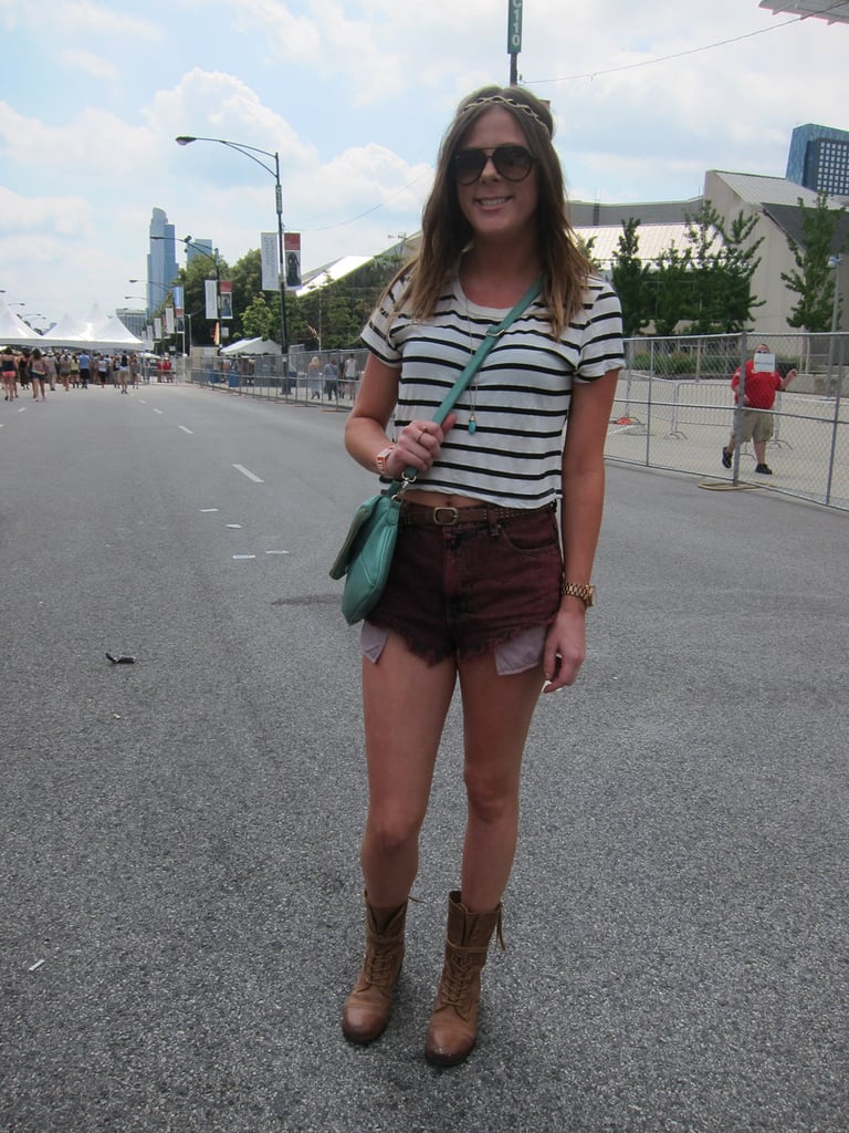 Amid all the crop tops, we loved Ashley's subtle hint of a bare midriff in her black-and-white-striped shirt and burgundy denim shorts.