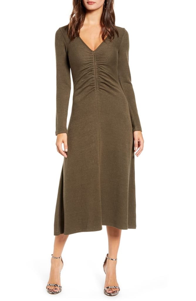 All in Favour Cinch Front Long Sleeve Midi Sweater Dress