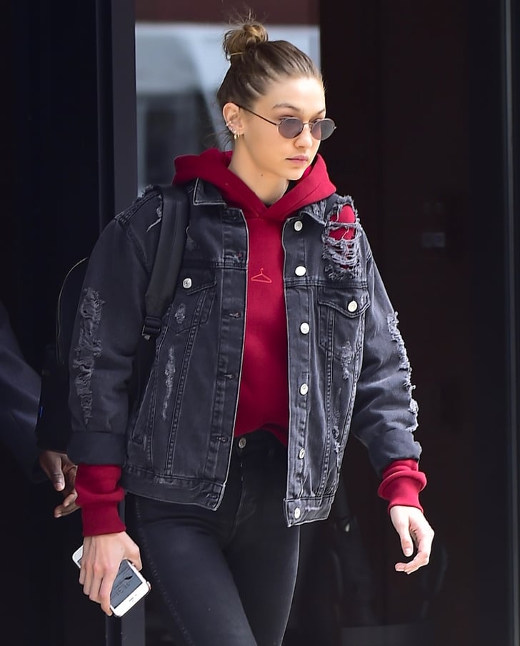 Gigi Hadid Wearing Distressed Denim Jacket | POPSUGAR Fashion