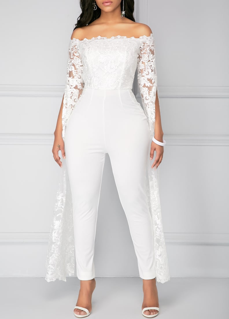 Modlily Off the Shoulder Lace Panel White Jumpsuit