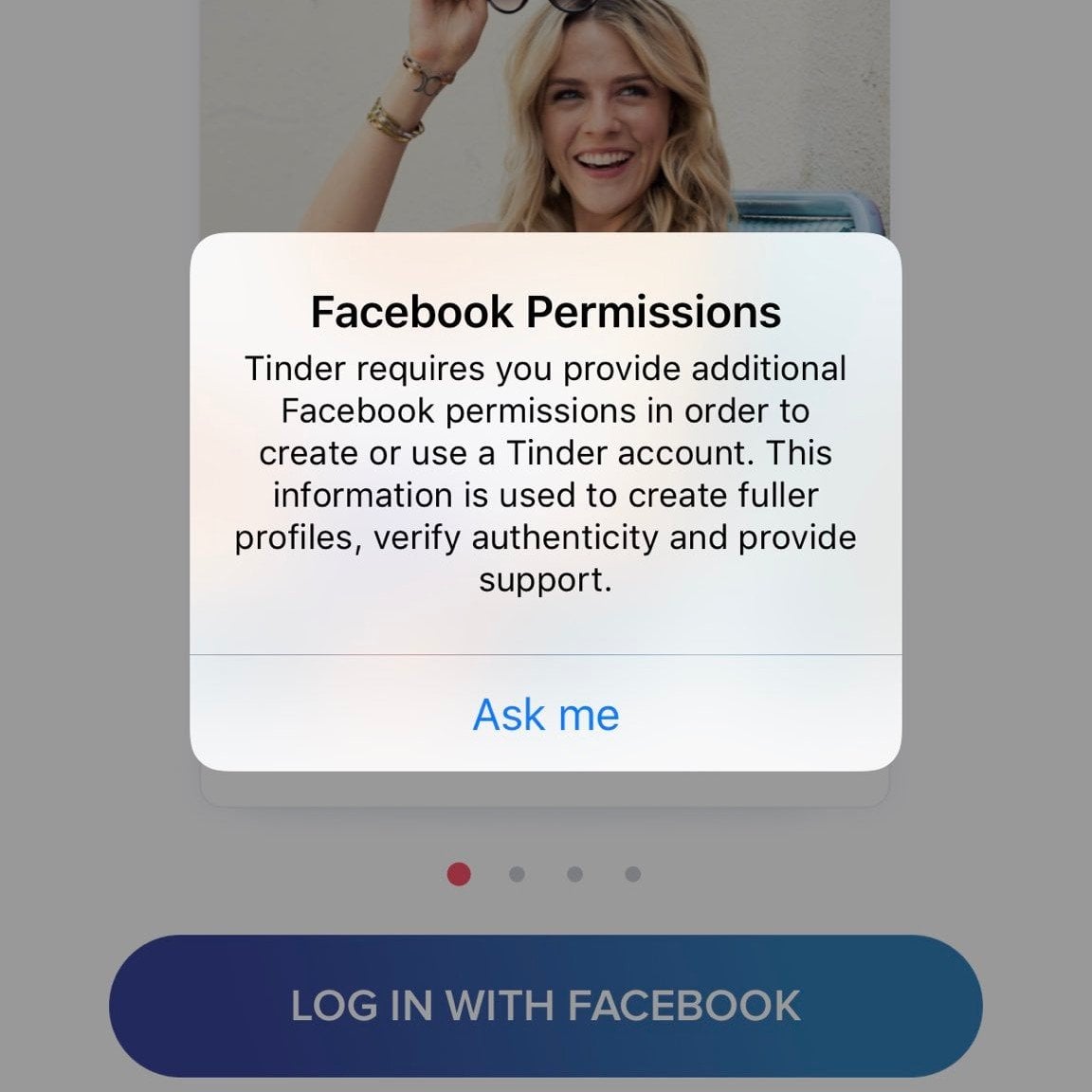 Tinder facebook permissions. this is a pop up that is asking for permission to your facebook photos 