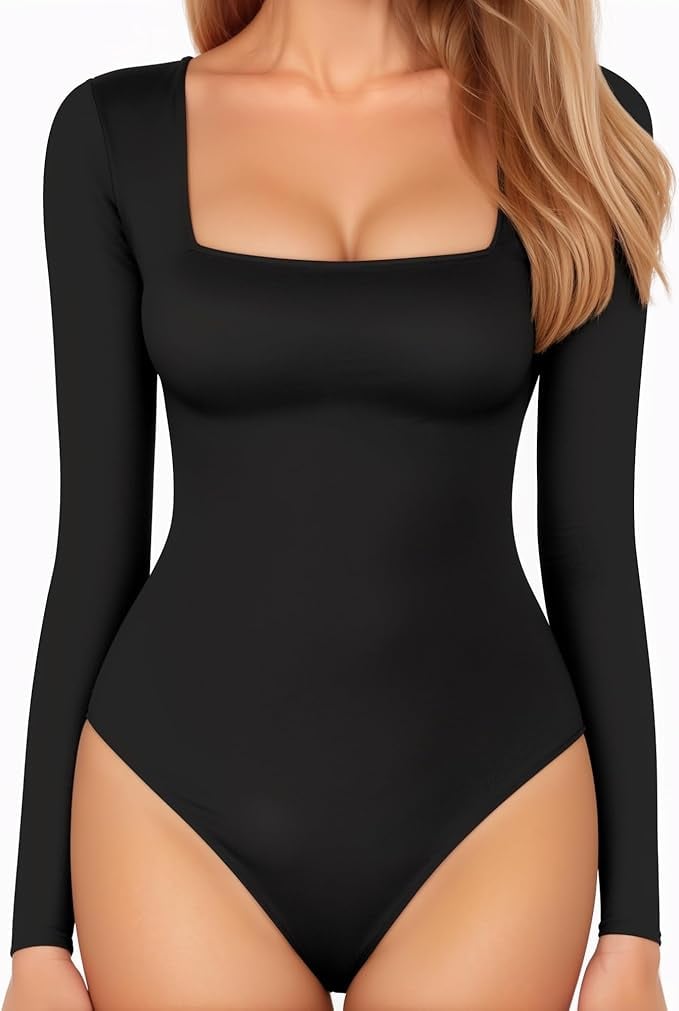 Mangopop Square Neck Long Sleeve Bodysuit