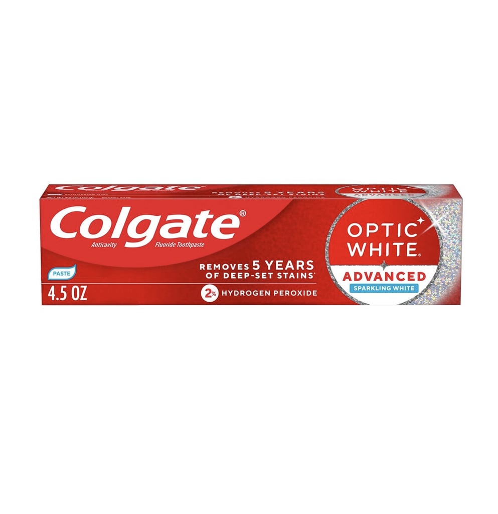 Colgate Optic White Advanced Teeth Whitening Toothpaste ($9)
Colgate is one of the premier oral care brands, and for good reason. Their almost five star-rated Teeth Whitening Toothpaste includes a formula of hydrogen peroxide (the same ingredient used by dentists), that works to remove up to five years of deep-rooted stains.