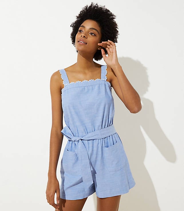 Loft Beach Chambray Scalloped Tie-Waist Romper