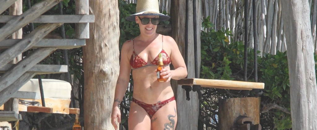 Pink Kicks Back and Relaxes With a Beer During a Romantic Beach Getaway With Carey Hart