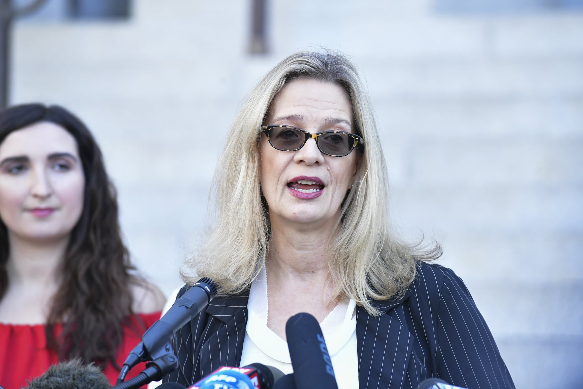 LOS ANGELES, CALIFORNIA - FEBRUARY 25: Louise Godbold speaks at Silence Breakers Hold Press Conference In Los Angeles Following Guilty Verdict In Harvey Weinstein Trial at Los Angeles City Hall on February 25, 2020 in Los Angeles, California. (Photo by Rodin Eckenroth/Getty Images)