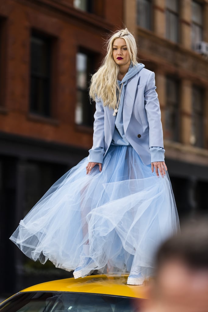 Gigi Hadid Eats Pizza in a Blue Tulle Skirt on a Photo Shoot