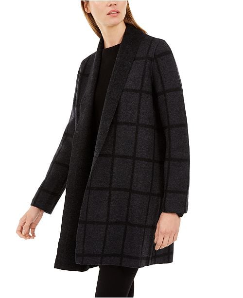 Eileen Fisher Wool Shawl-Collar Windowpane Cardigan