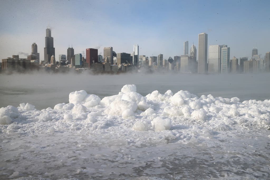 Snow covered the shores of Lake Michigan.