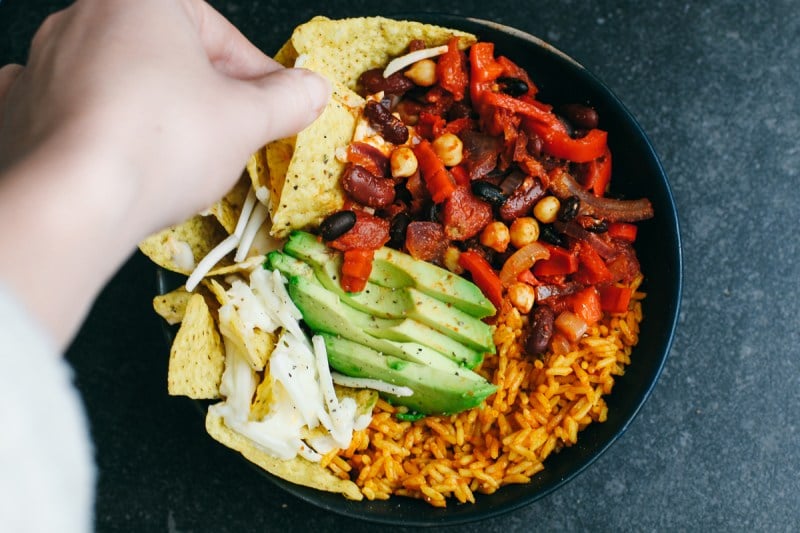 Vegan Bean Chilli Nacho Bowl