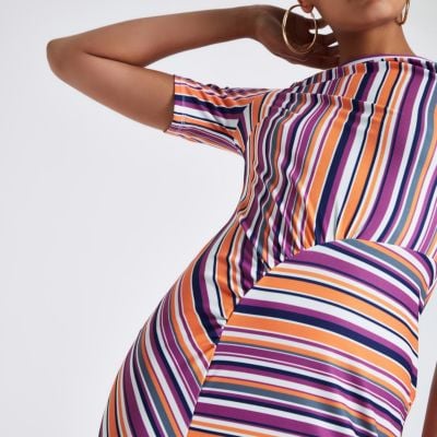 River Island Orange Stripe Ruched Bodycon Mini Dress