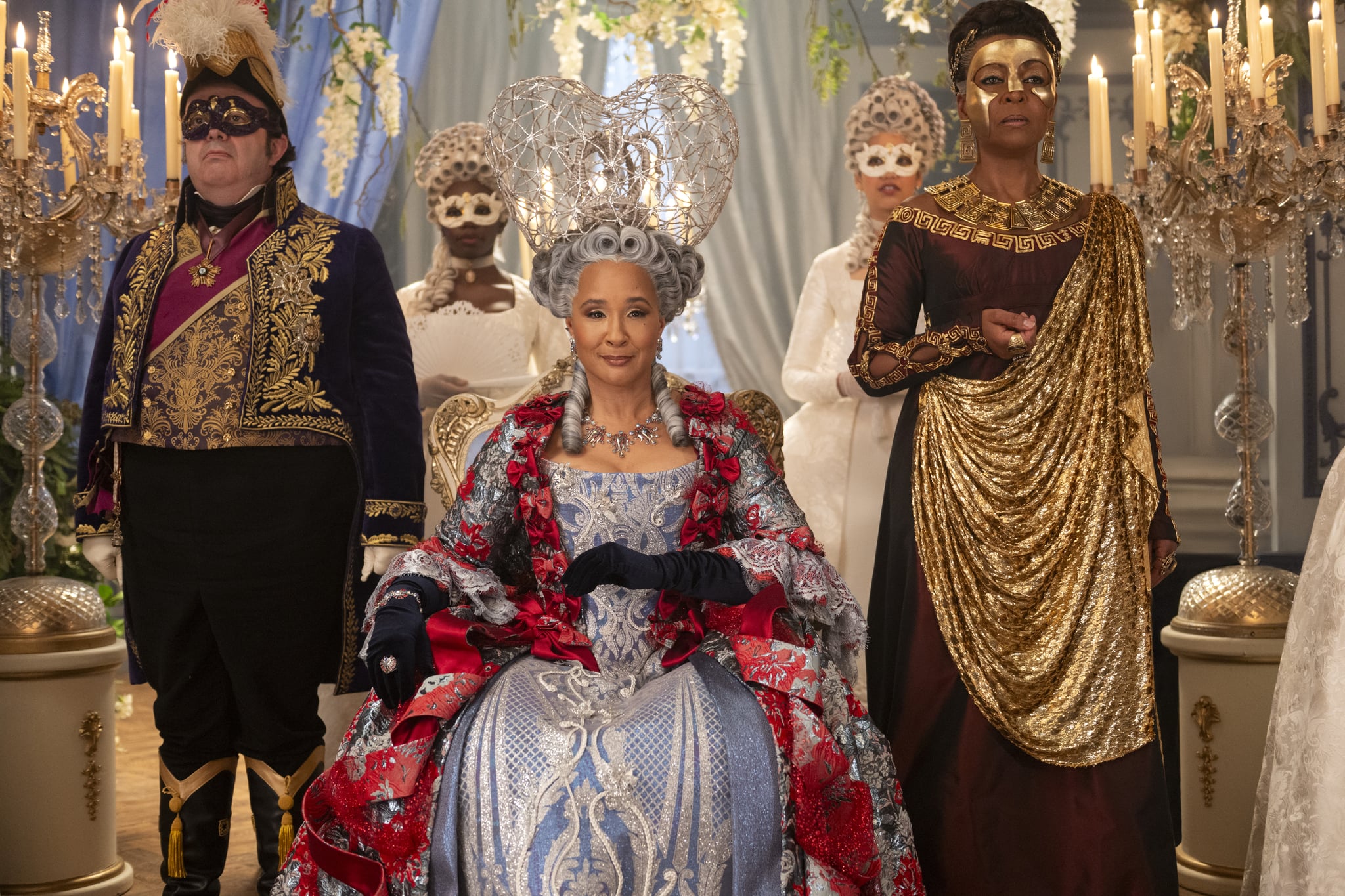 Bridgerton. (L to R) Hugh Sachs as Brimsley, Golda Rosheuvel as Queen Charlotte, Adjoa Andoh as Lady Danbury in episode 401 of Bridgerton. Cr. Liam Daniel/Netflix © 2025