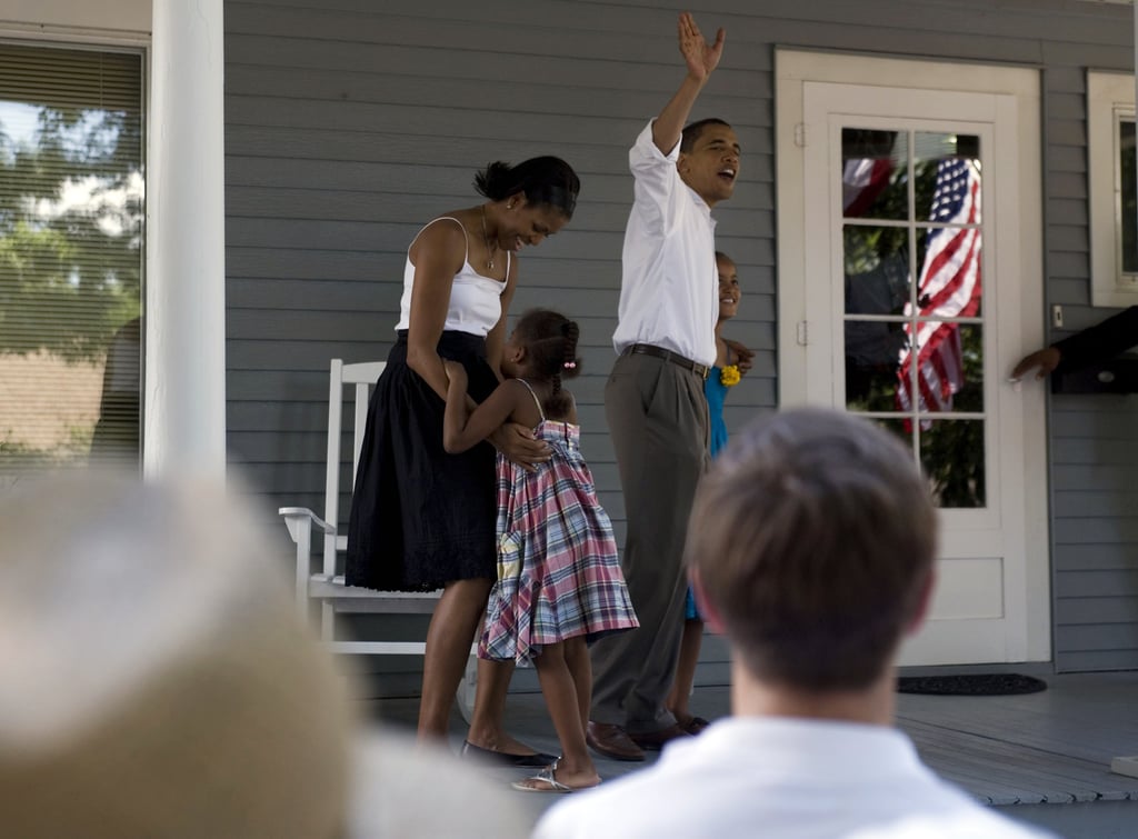 Sasha hugged Michelle during a 2007 Fourth of July campaign event.