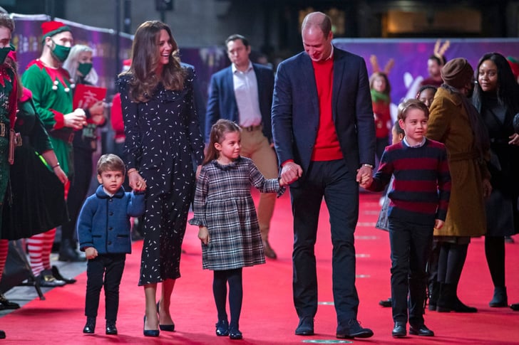 Kate Middleton Wearing Navy Dress With Kids On Red Carpet Popsugar Fashion