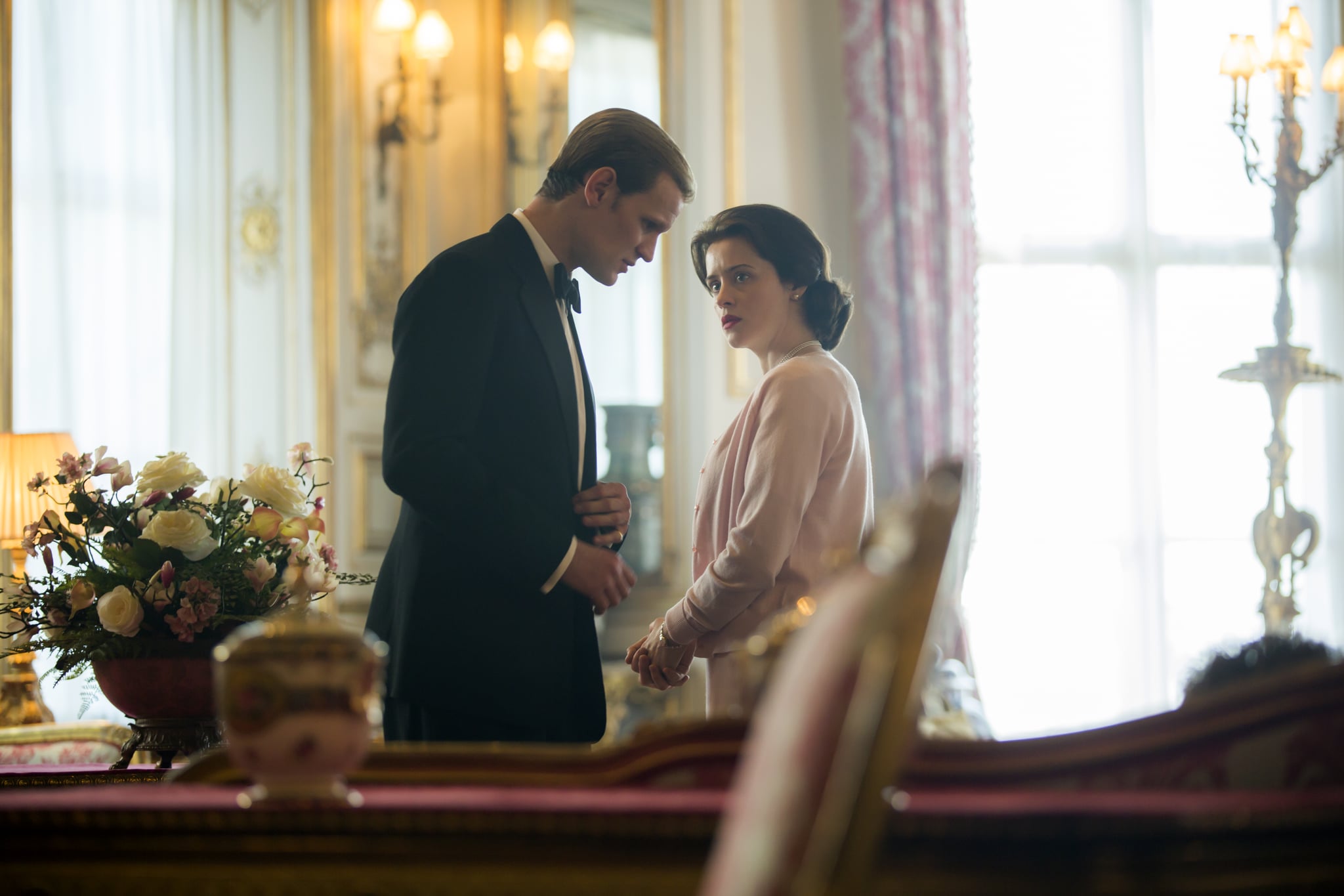 The Crown(L to R) Prince Philip, ElizabethElizabeth and Philip discuss Charles' education