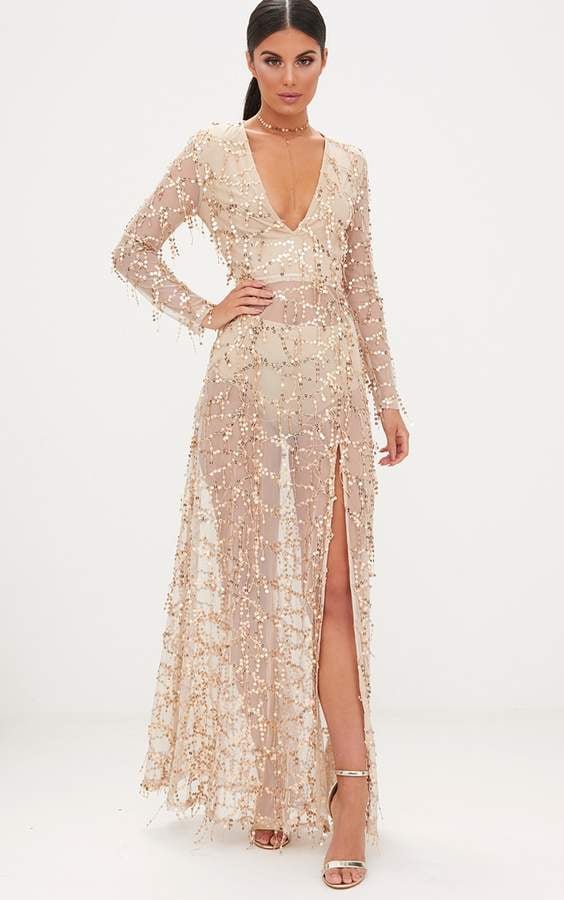 PrettyLittleThing Valentina Gold Sequin Long Sleeve Maxi Dress