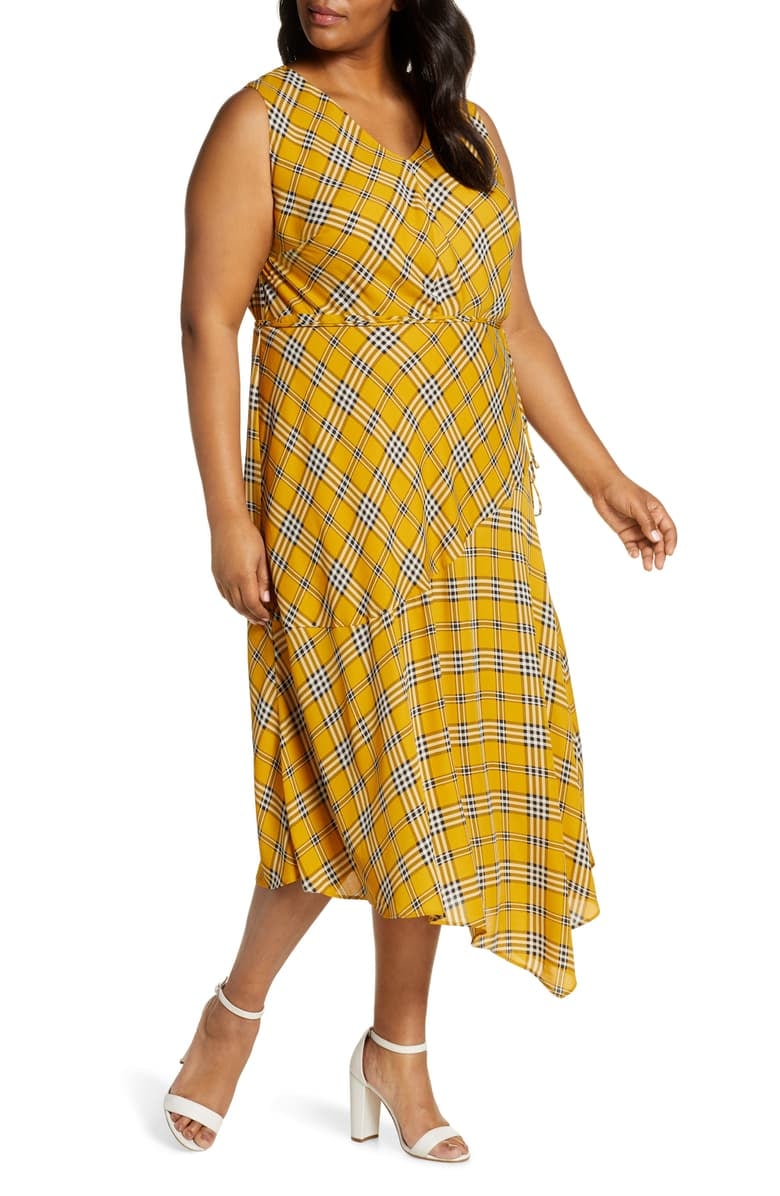 Vince Camuto Highland Plaid Asymmetrical Sleeveless Dress