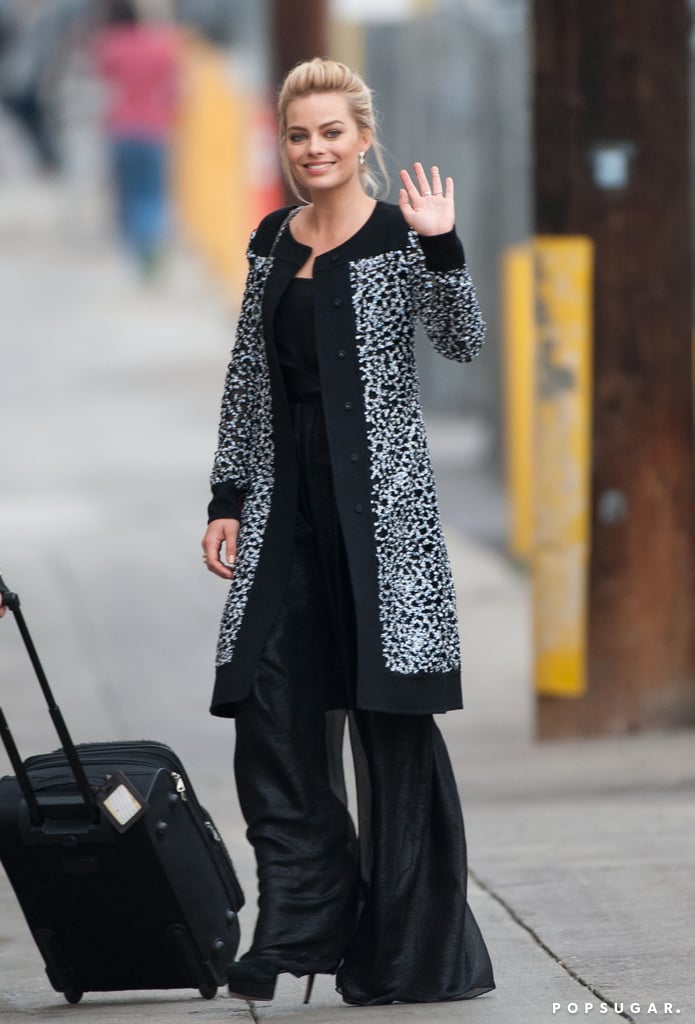 Margot Robbie waved to fans when she arrived at Jimmy Kimmel Live! in LA on Tuesday.