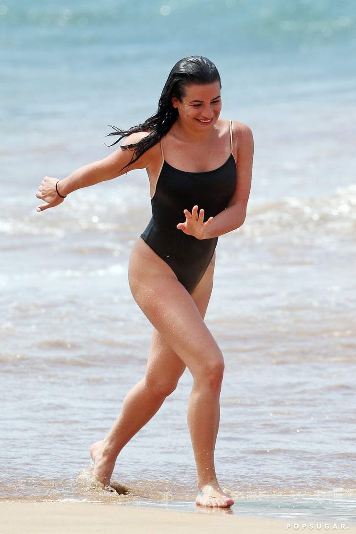 Lea Michele Solid and Striped Swimsuit in Hawaii
