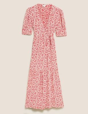 M&S X Ghost Floral V-Neck Puff Sleeve Midi Wrap Dress
