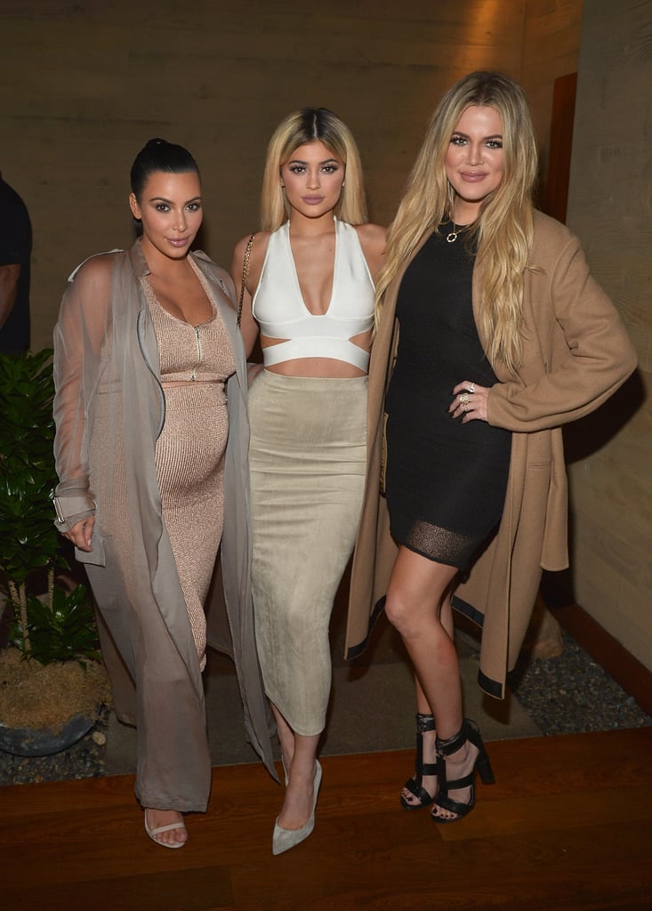 Kim worked a skintight maternity look alongside sisters Kylie and Khloé, both in equally body-conscious cuts.