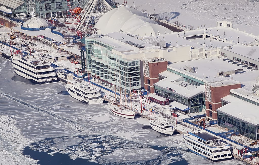 The boats along Navy Pier were surrounded by ice.